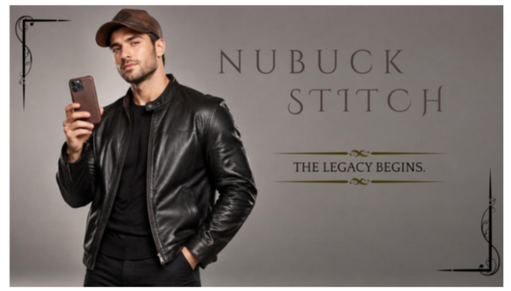 A man wearing a black leather jacket, black t-shirt, and brown cap holds a smartphone while posing against a gray studio background with the text 'NUBUCK STITCH' and 'THE LEGACY BEGINS.'.